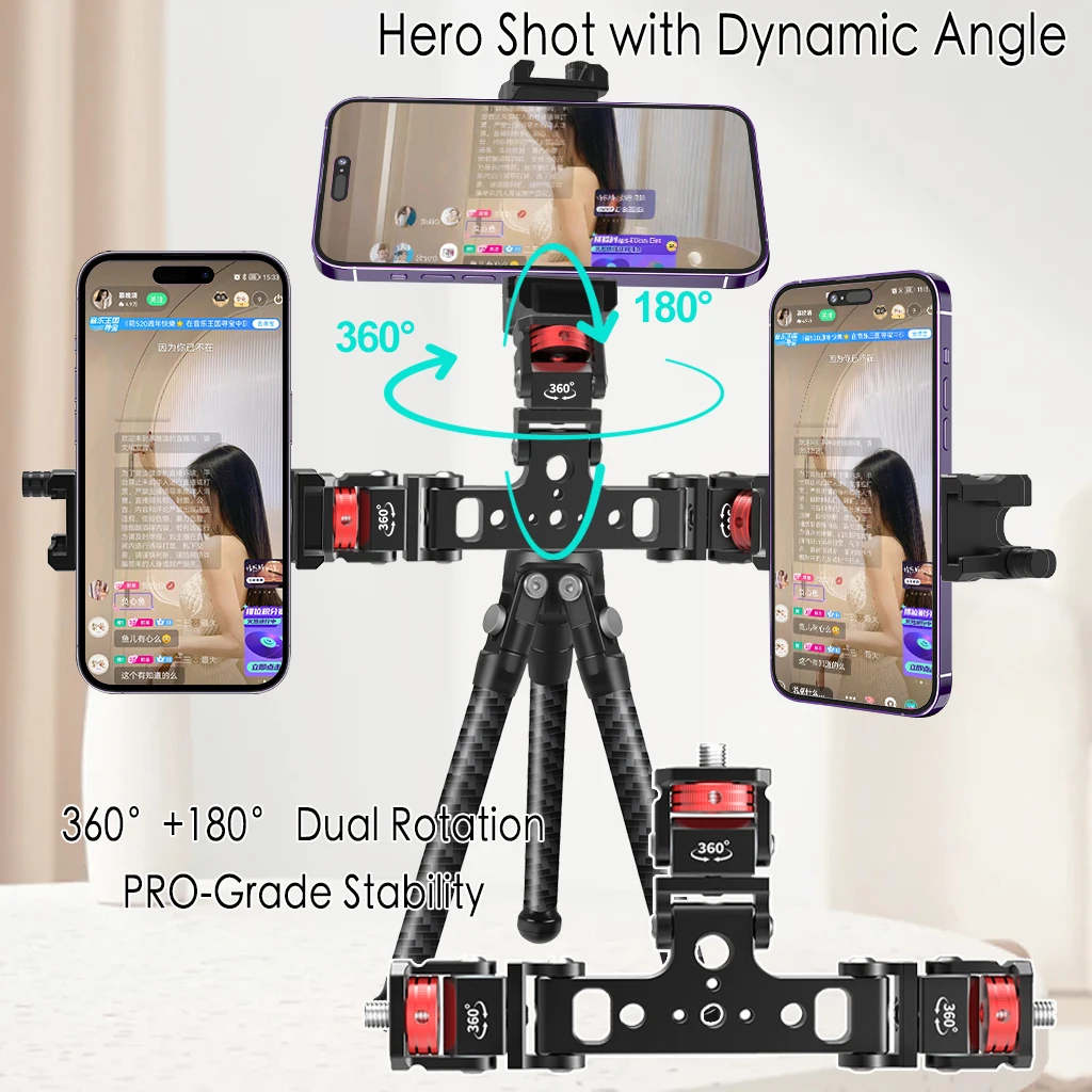 Adjustable 3 Camera Mount Bracket 1/4 ARRI Ballhead for GoPro Action Phone LED Mic Tripod Live Stream Selfie Stick Multi Holder