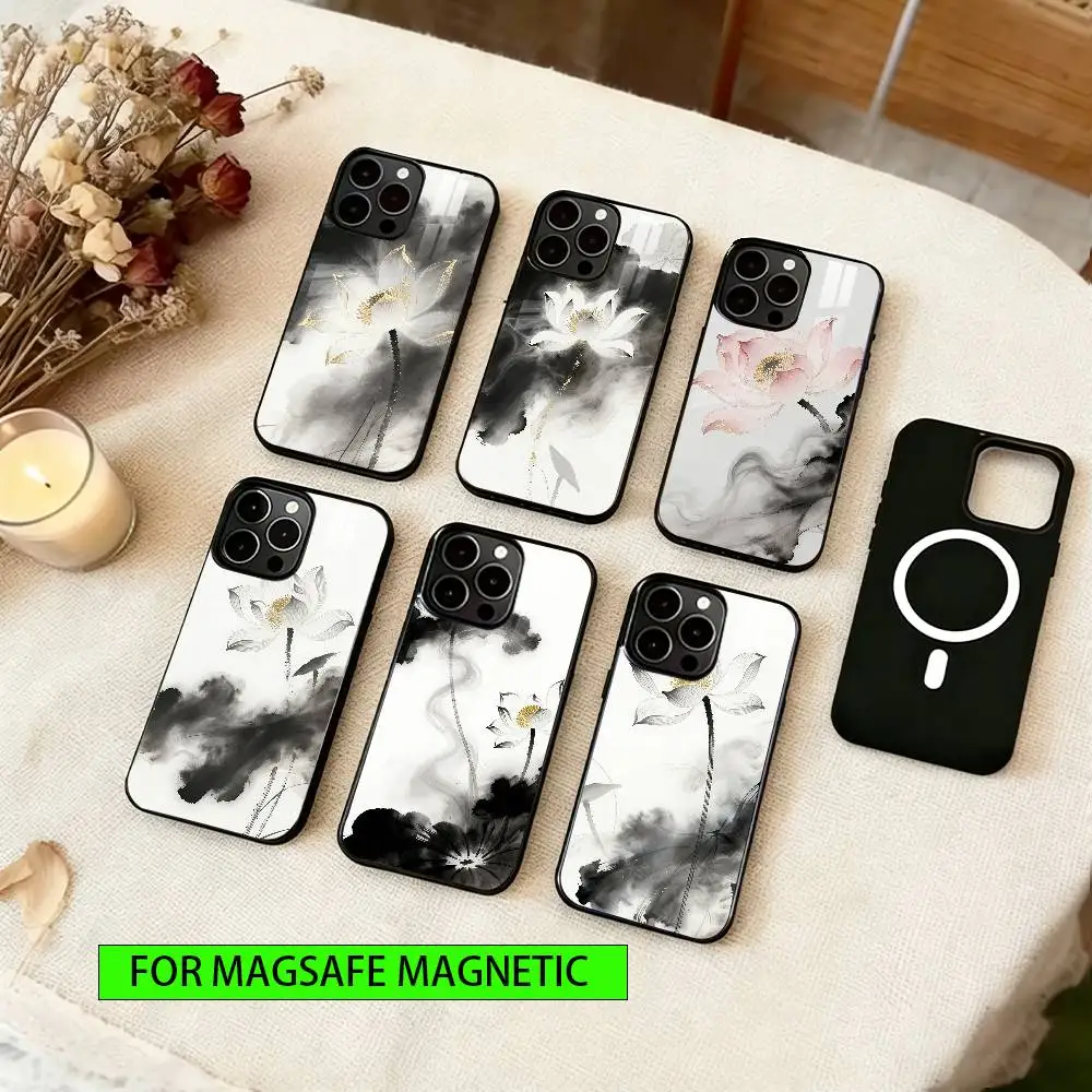 

Chinese Ink Lotus Phone Case For iPhone17,16,15,14,13,12,11 Plus,Pro Magnetic with Magsafe Wireless Charging