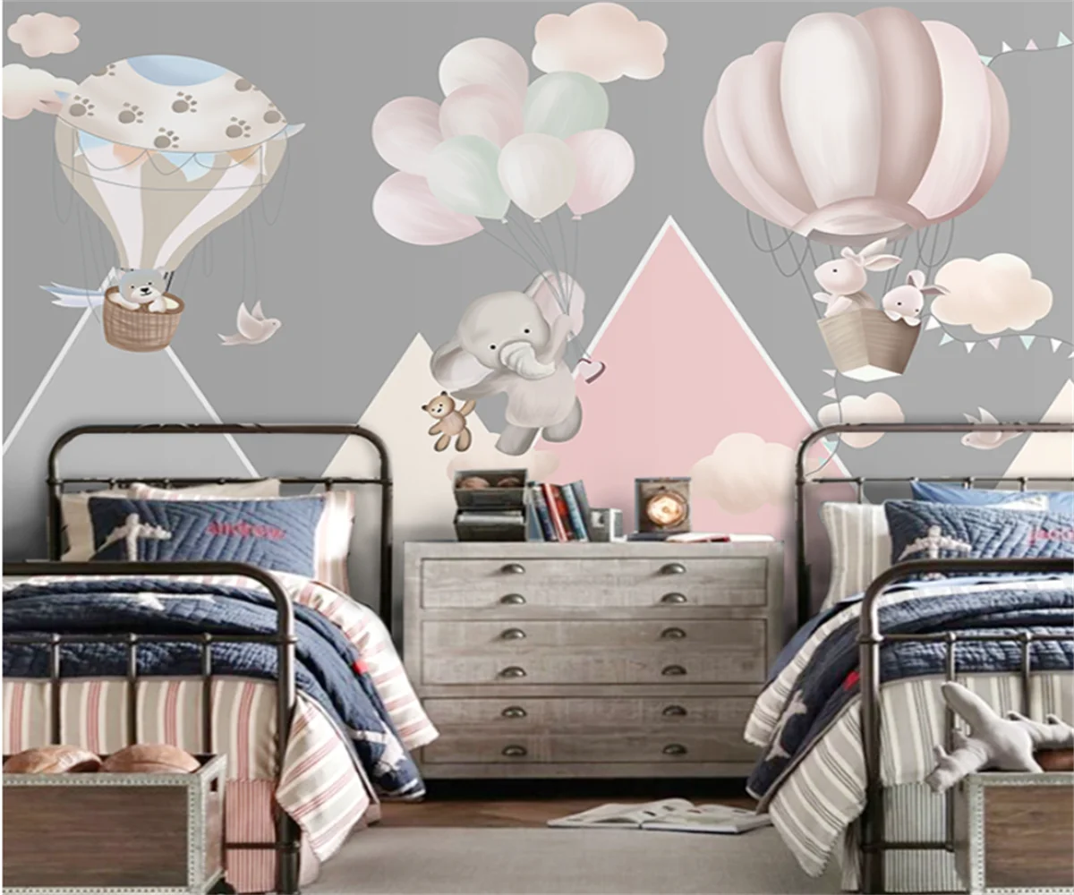 beibehang Custom papel de parede papier peint Modern Balloon Elephant Rabbit Pink Grey Geometric Girl Baby Bedroom Wallpaper