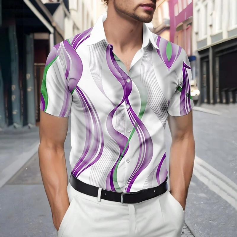 

Colorful Stripe Pattern Hawaiian Shirt For Men Color Block 3D Printed Short Sleeves Summer Street Blouse Beachwear Aloha Shirts