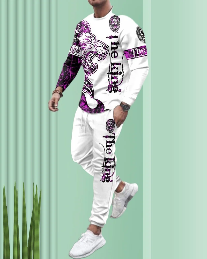 

﻿ Мужской комплект с длинными рукавами и рисунком льва, модная повседневная уличная одежда с 3D принтом, толстовка с круглым вырезом, брюки, спортивные костюмы ﻿ ﻿ ﻿ ﻿