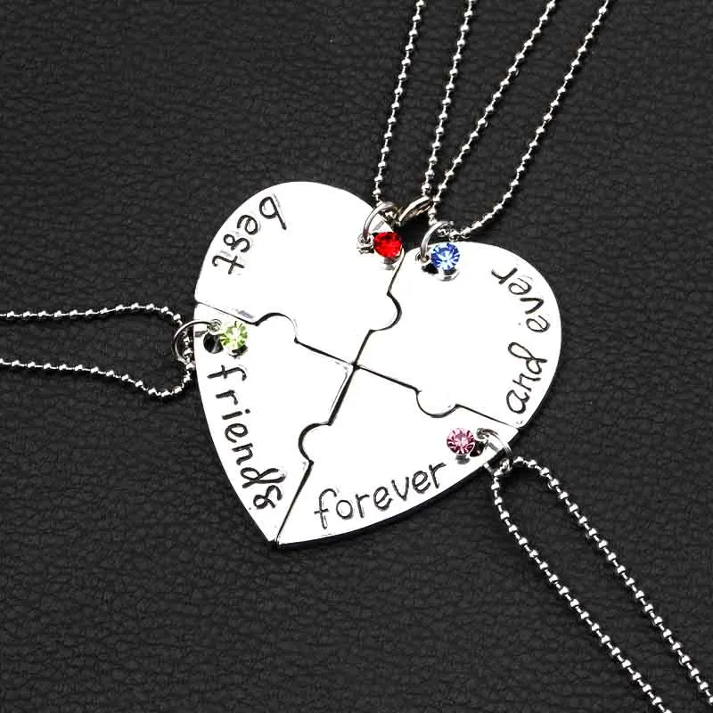 BFF 4 Pcs/Set Broken Heart Puzzle Pendant Best Friends Forever And Ever Necklace With Crystal Charm Titching For Friendship