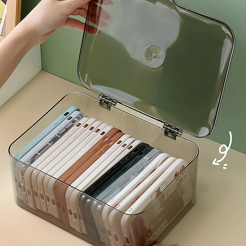 1pc Acrylic Sundries Storage Basket Phone Case Holder Ins Transparent Phone Case Organizer Storage Box with Cover Home Desktop