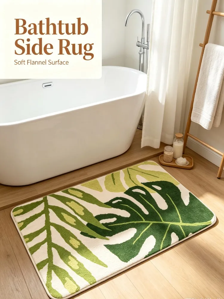 Tropical Green Monstera Leaf Bath Mat Flannel Absorbent Bathroom Rug Non‑Slip Shower Doormat Home Bedroom Kitchen Floor Decor Ca view 5