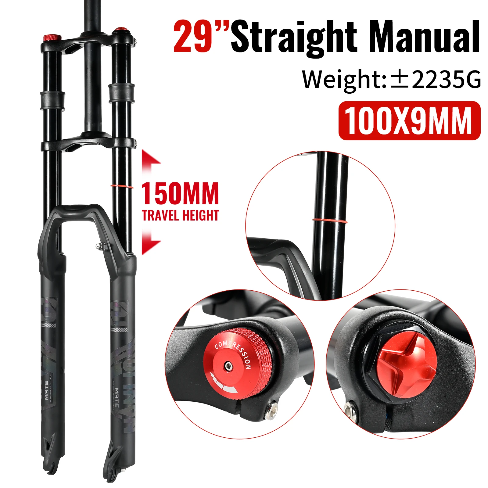 NanLio Dubbele Schouder Sneeuw Voorvork 27.5 inch/29*2.5 inch MTB Vork 150mm Travel Air Supension Fiets Vork E-bike Vork 15/9 MM