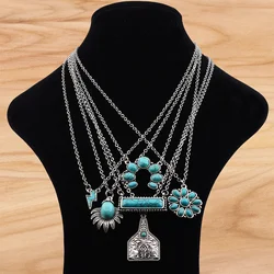 6pcs Mixed Horseshoe Turquoise Squash Green Flash Square Pendant on Long Chain Necklace Lagenlook 20 Inches