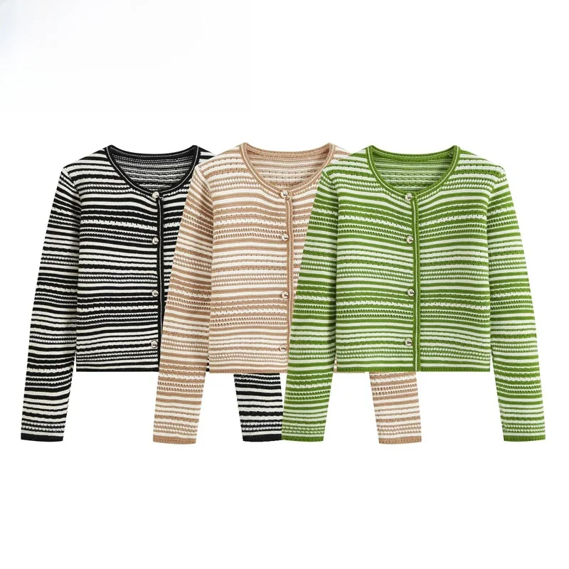Fashionable Striped Knitted Jacket Women's Casual Style Polyester Fiber Long Sleeve Short Coat Button Closure Standard Fit