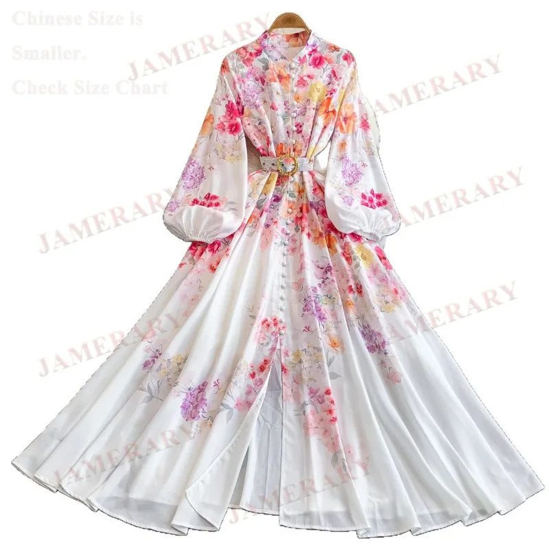 Camicia maxi abito floreale da passerella da donna monopetto con stampa palazzo design manica intera abiti lunghi a fiori per le vacanze di marca nazionale