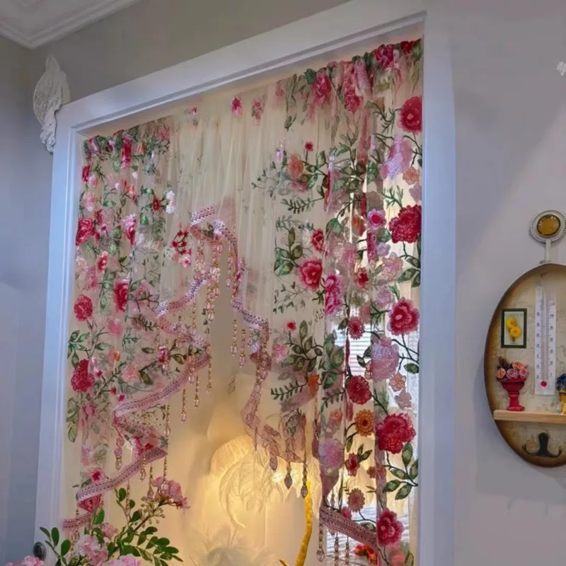 Luxus Volant Rosa Blumen Quaste Rand Gebrochene Trennwand Tür Vorhang Gaze Vorhang Spitze Schlafzimmer Küche Vorhänge Anpassen – Detail 1