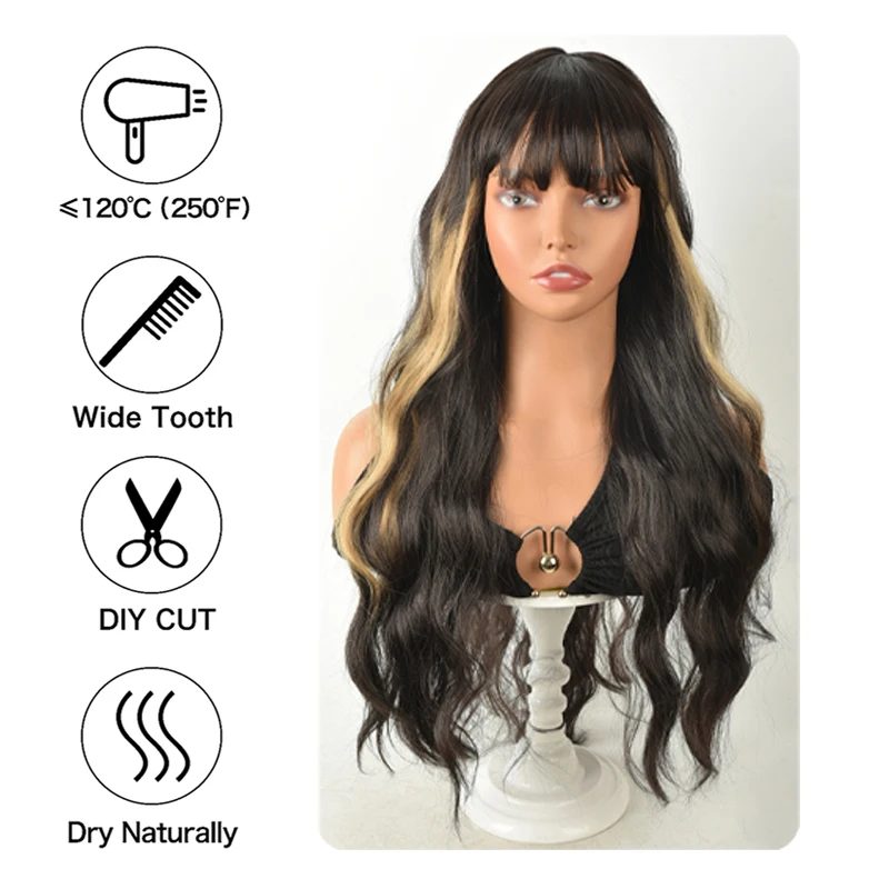 Ein kompletter Satz Kunstfaserperücken für langes lockiges Haar mit Pony