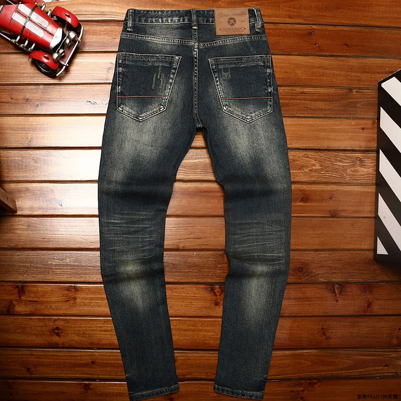 Vintage Nostalgic Men's Slim Fit Straight Jeans Spring Autumn Elastic Versatile Casual Fashion Classic Street Long Pants