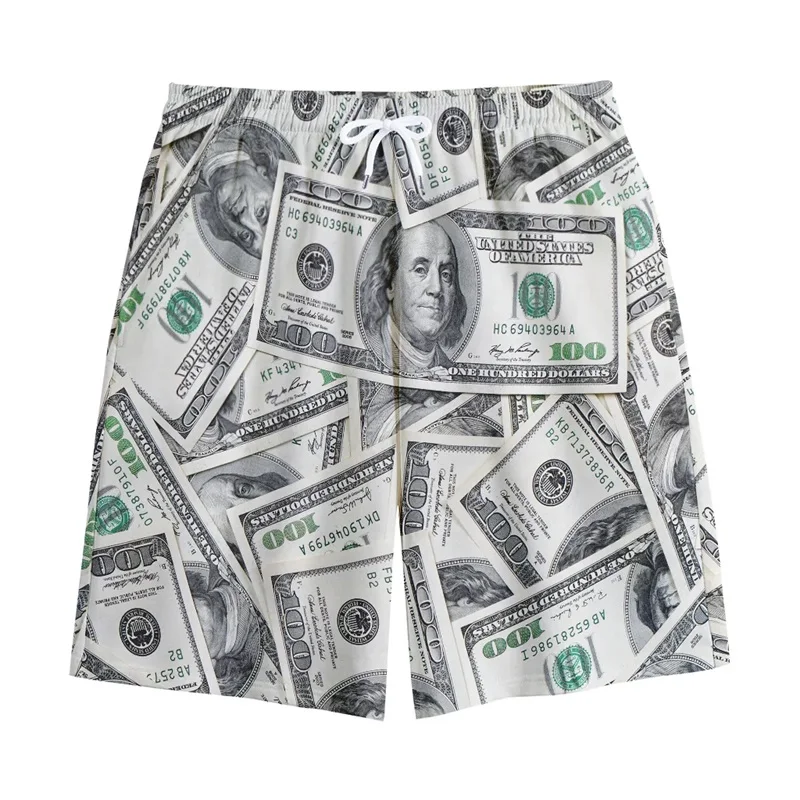 3D Print Us Dollar Graphic Beach Shorts Men Casual Oversized Swimming Board Shorts Quick Dry Loose Ice Short Pants Streetwear