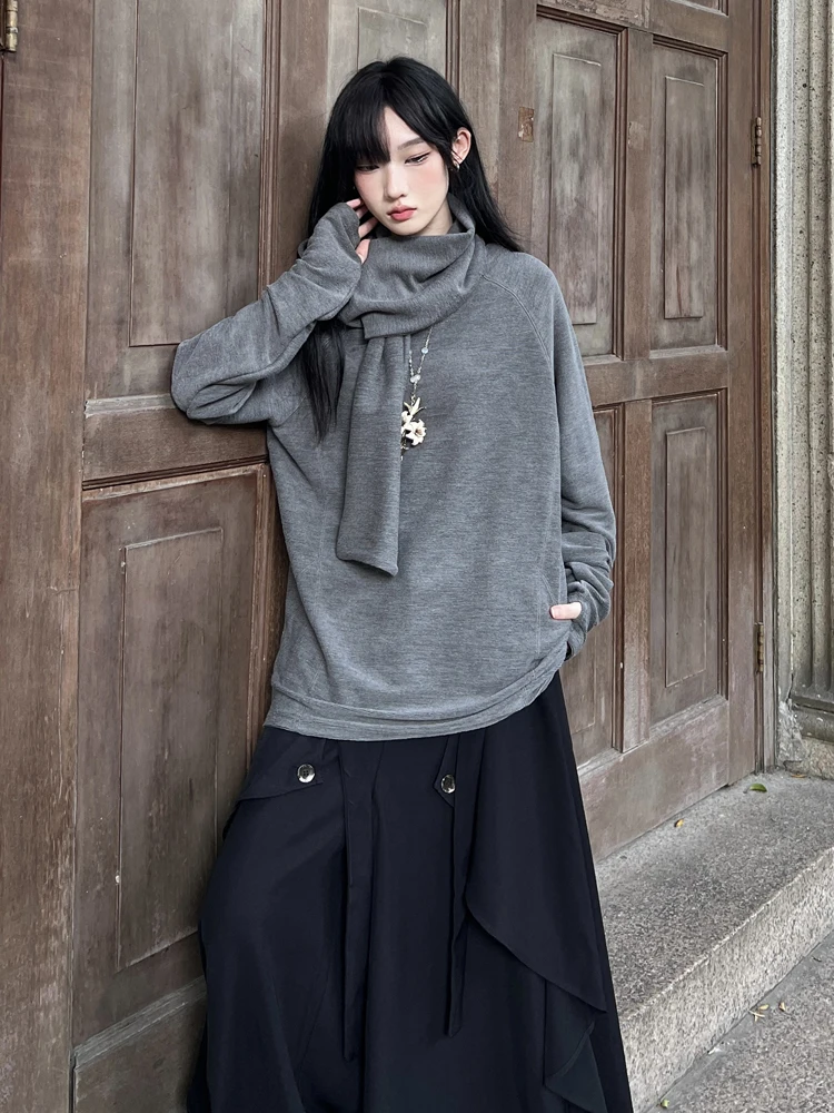 

Pullover Solid Color Top Women's Loose Casual Premium Autumn and Winter Bottom Shirt Design Hooded Scarf Collar Pullover Sweater