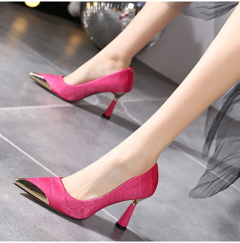 Woman High Heel Pumps Metal Pointed Stiletto Shallow Women\'s Gentle Black Green Shoes Spring/Autumn Sexy Zapatos Mujer De 2023