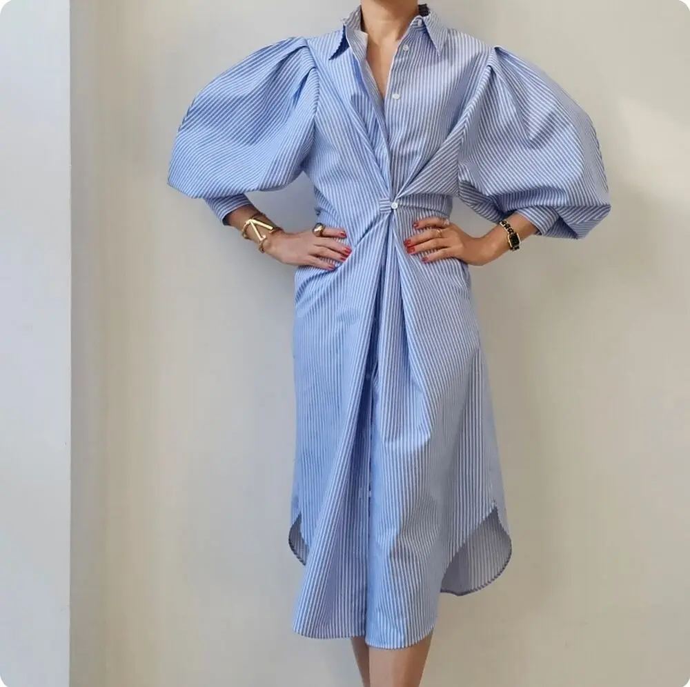 French Elegant Designer Spring Summer Shirt Dress Chic Women Lapel Collar Blue Striped Lantern Sleeve Button Up Loose Midi Dress