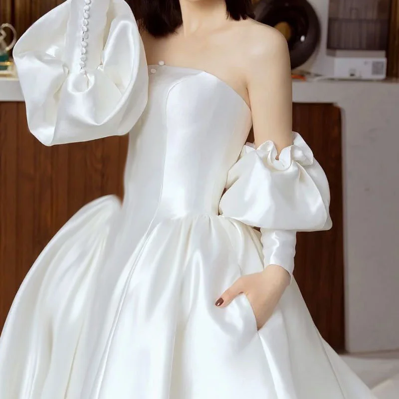 Ivory Detachable Bridal Sleeves Satin Decorate Long Sleeves Puff Sleeve with Buttons Wedding Arm Cove rmangas desmontables novia