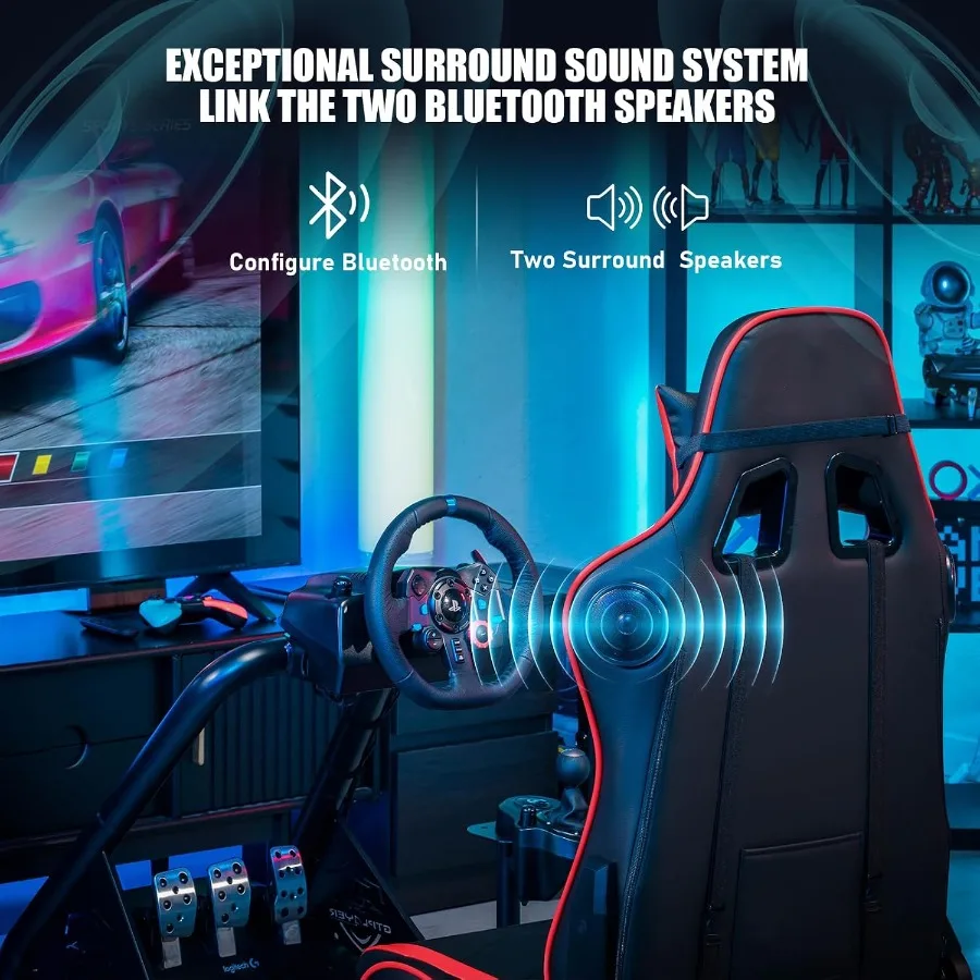 GTPLAYER Racing Simulator Cockpit with Seat and Bluetooth Speakers Racing Style Reclining Seat Ultra-Sturdy Alloy Steel Frame