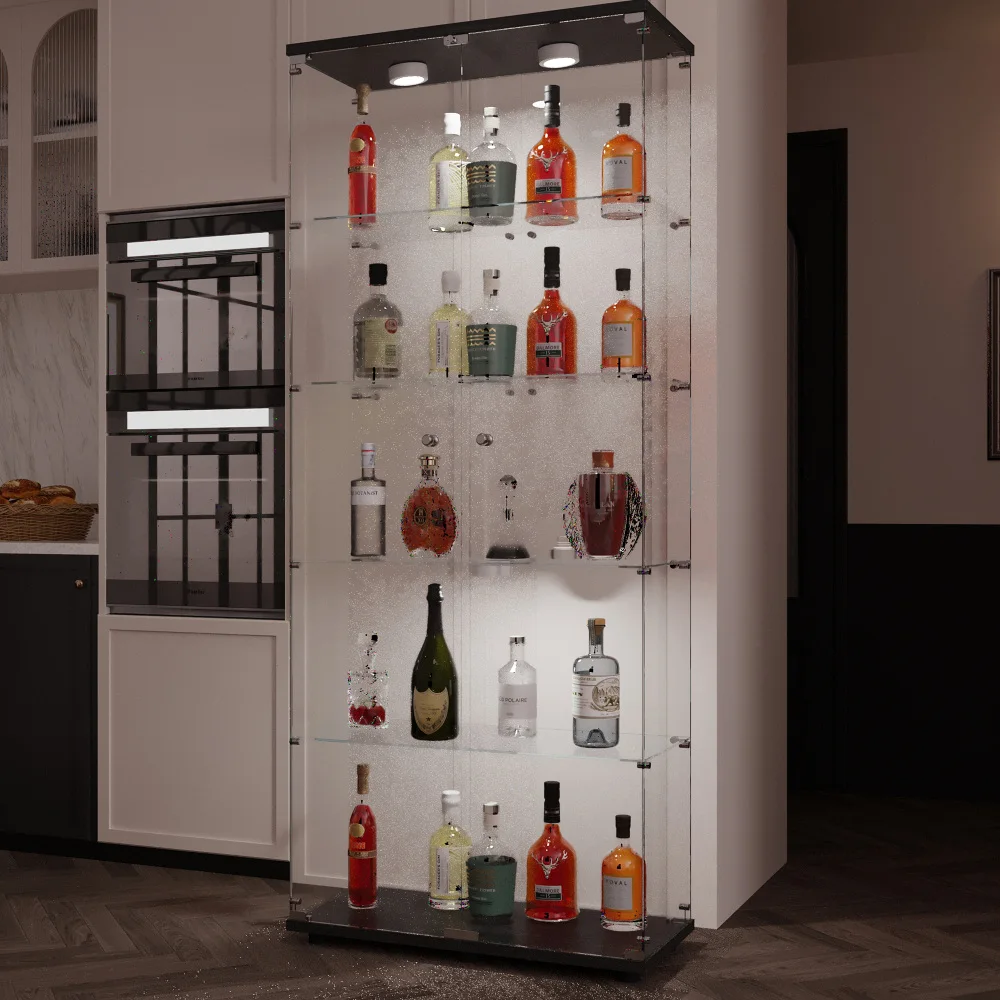 Black Tempered Glass Display Cabinet, Multipurpose Storage Liquor Cabinet with LED Strip Lights and Locks, Adjustable Leveling Feet for Uneven Floors, Ideal for Living Room, Bedroom, Corridor and Office