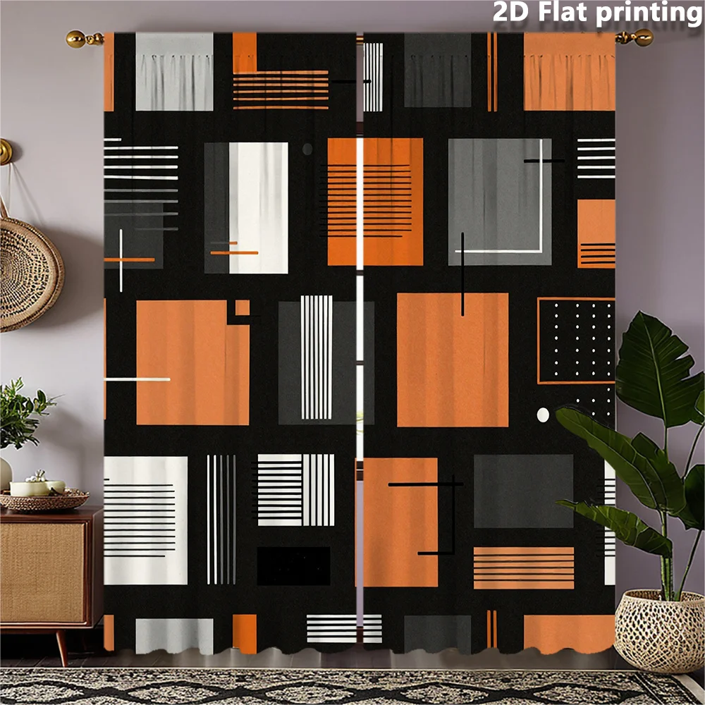 2pc Contemporary Abstract Geometric Curtains Black Orange Panel Design for Living Room Windows Modern Home Decor