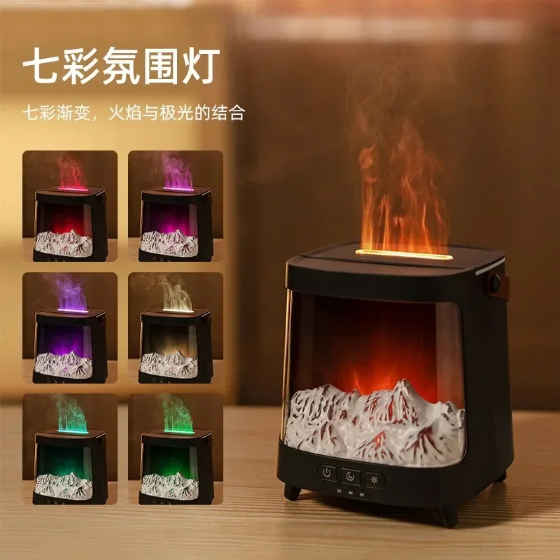 オーロラ暖炉型アロマディフューザー加湿器、卓上7色のまばゆい雪山アロマディフューザー暖炉
