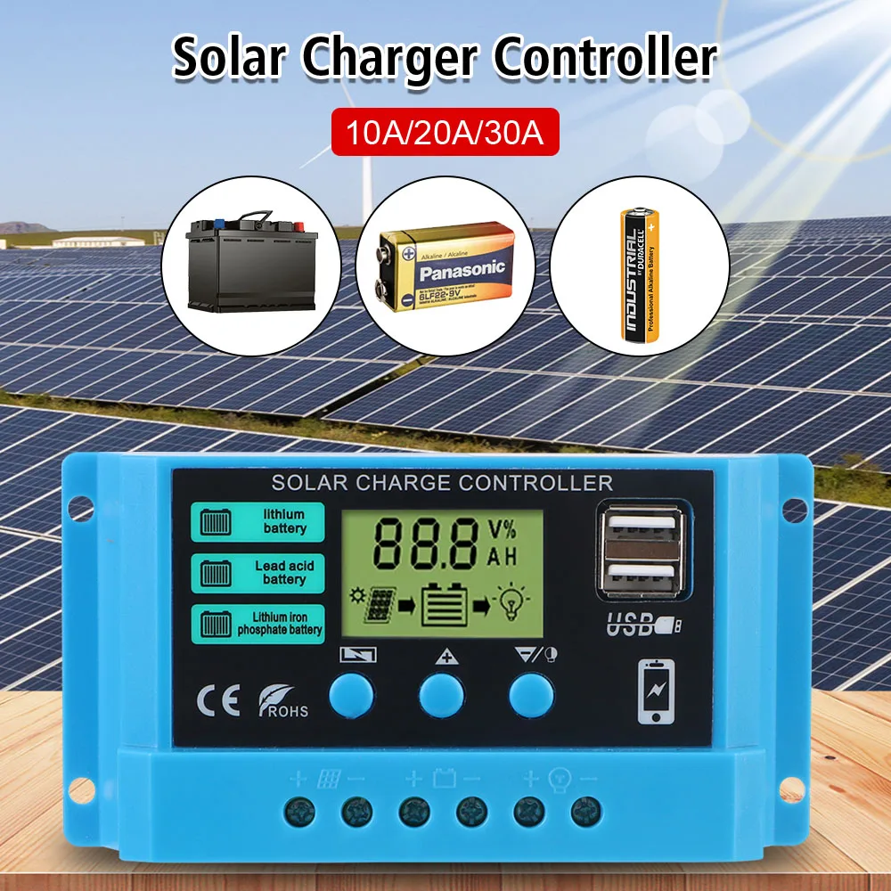 PWM Battery Charger LCD Display Solar Regulator Dual USB Solar Controller 12V/24V Auto 5V Output 30A 20A 10A