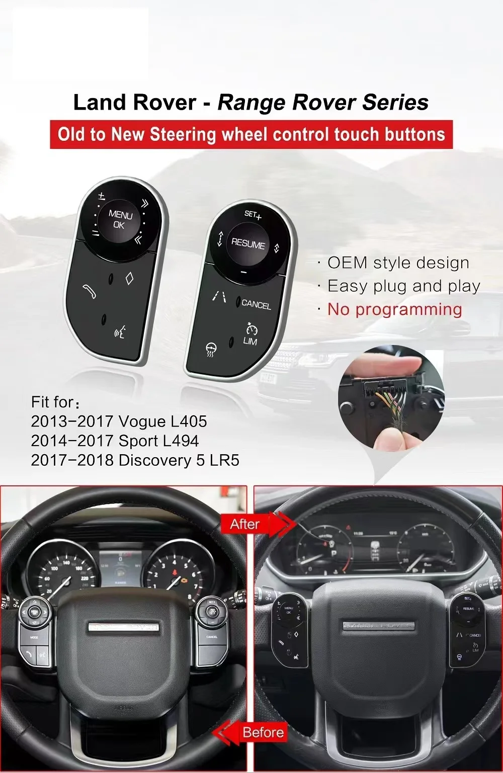 Auto-Lenkrad-Touch-Tasten, Tasten für Land Rover Range Rover Vogue L405 2013–2017, OEM-Stil, Schlüsseleinheit, zwei Seitenschlüssel