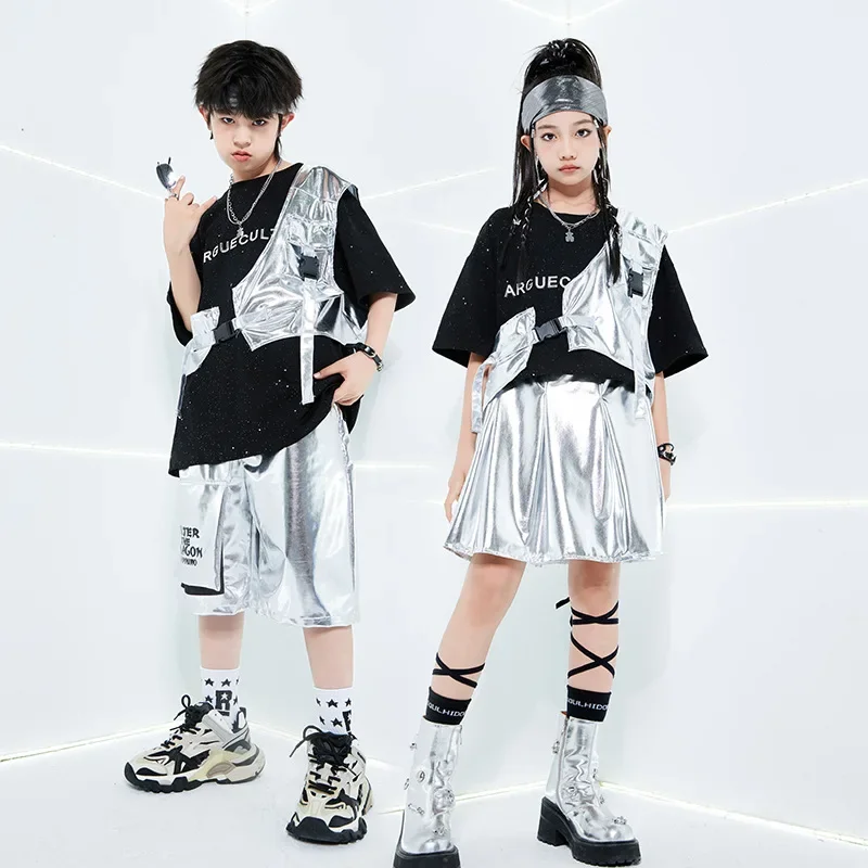 Kids Black T-shirt Hip Hop Silver Vest Street Dance Shorts Girls Sequin Skirt Teens Boys Jazz Clothes Sets Summer Stage Costumes