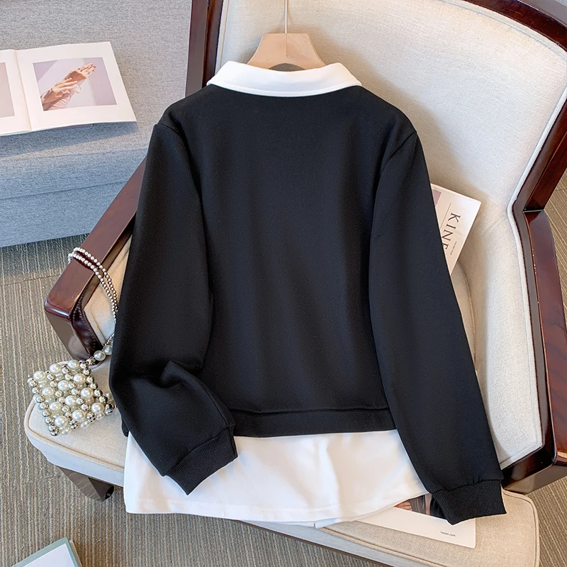 Plus size women's clothing Fleece lined double hoodie shirt collar button decorated commuter top warm fur lining loose