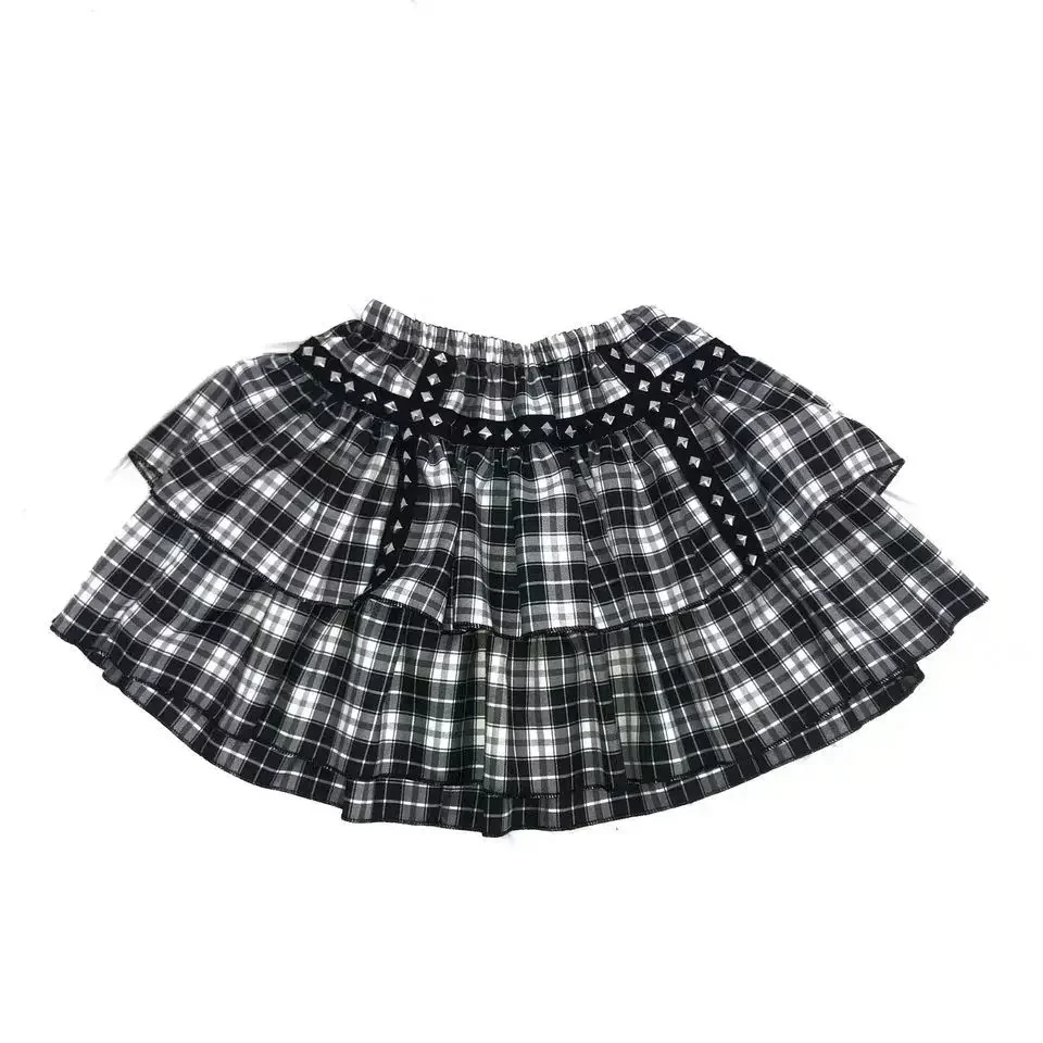 Gothic Women Skirt White Black Plaid Short Skirts Rivet Punk Style Double Layer High Waist Ball Gown MINI Skirt Female