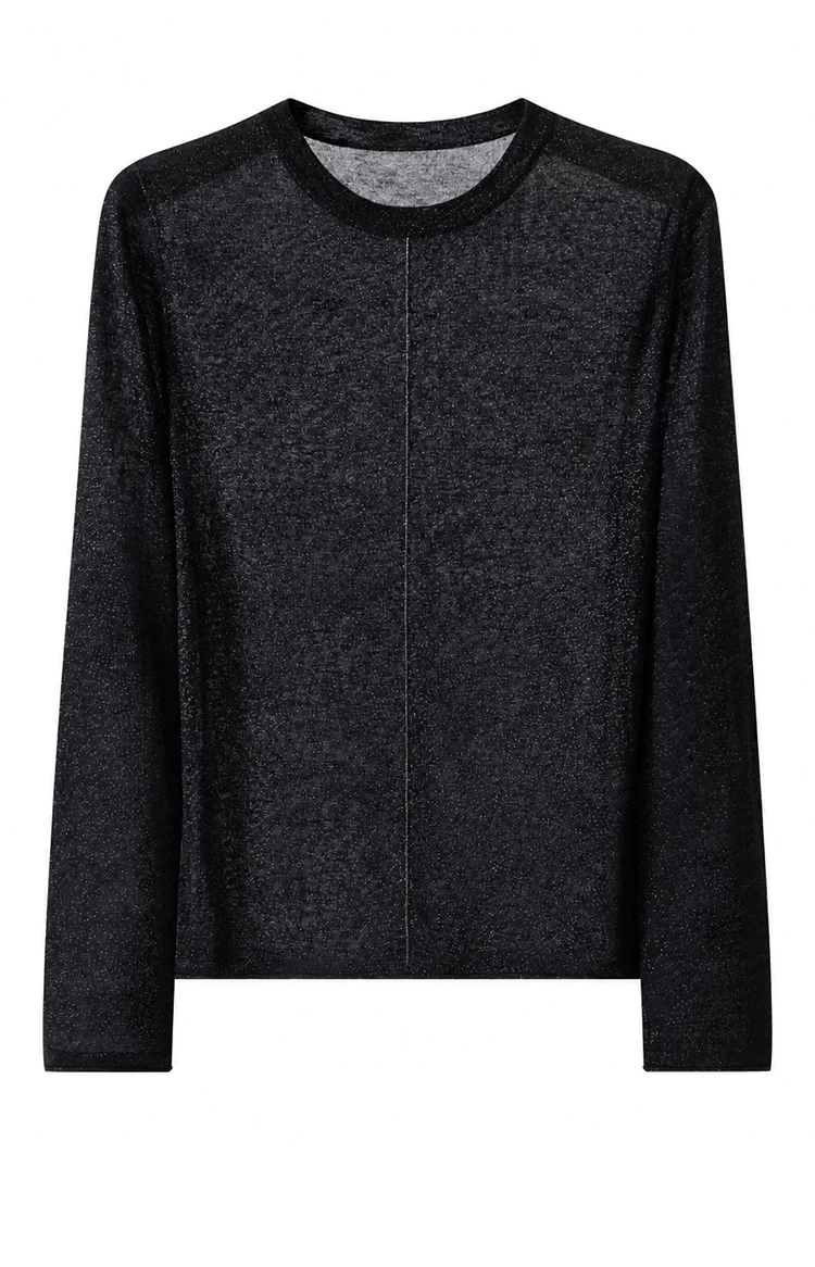BY3621712 Damen-Pullover mit Rundhalsausschnitt aus Wollmischung mit Lurex-Strick, langen Ärmeln, zentralem Kettenverschluss vorne, schmaler Passform und metallischem Glanz für den frühen Herbst. – Detail 14