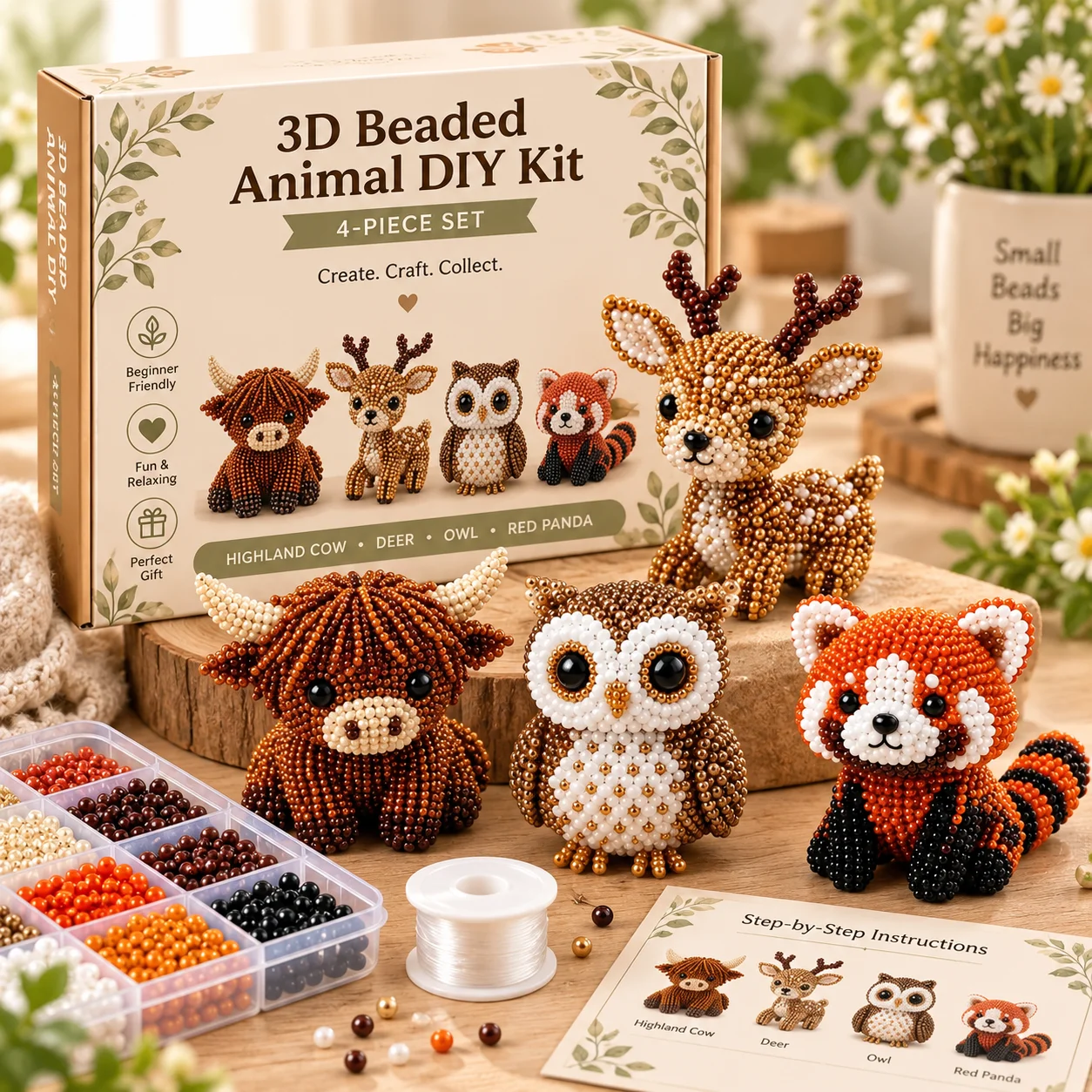 3D Beaded Animal DIY Kit 4PCS Tiny Bead Craft Set Handmade Animal Figurine Making Kit Beginner Friendly Creative Gift Hobby