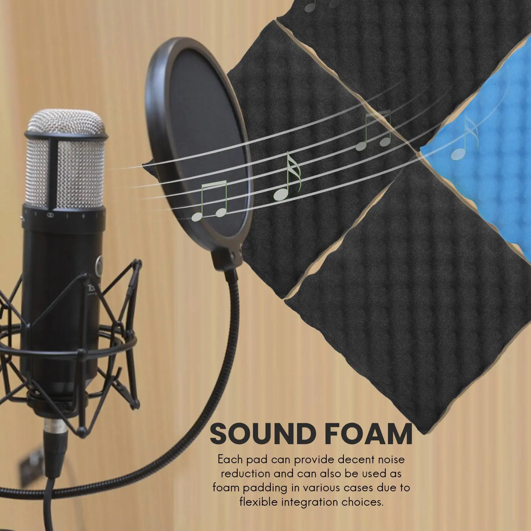 ABYM 6 Pack Black + Blue / Charcoal Egg Crate Foam Acoustic Tiles Soundproofing Foam Panels Sound Insulation Soundproof Foam Pad