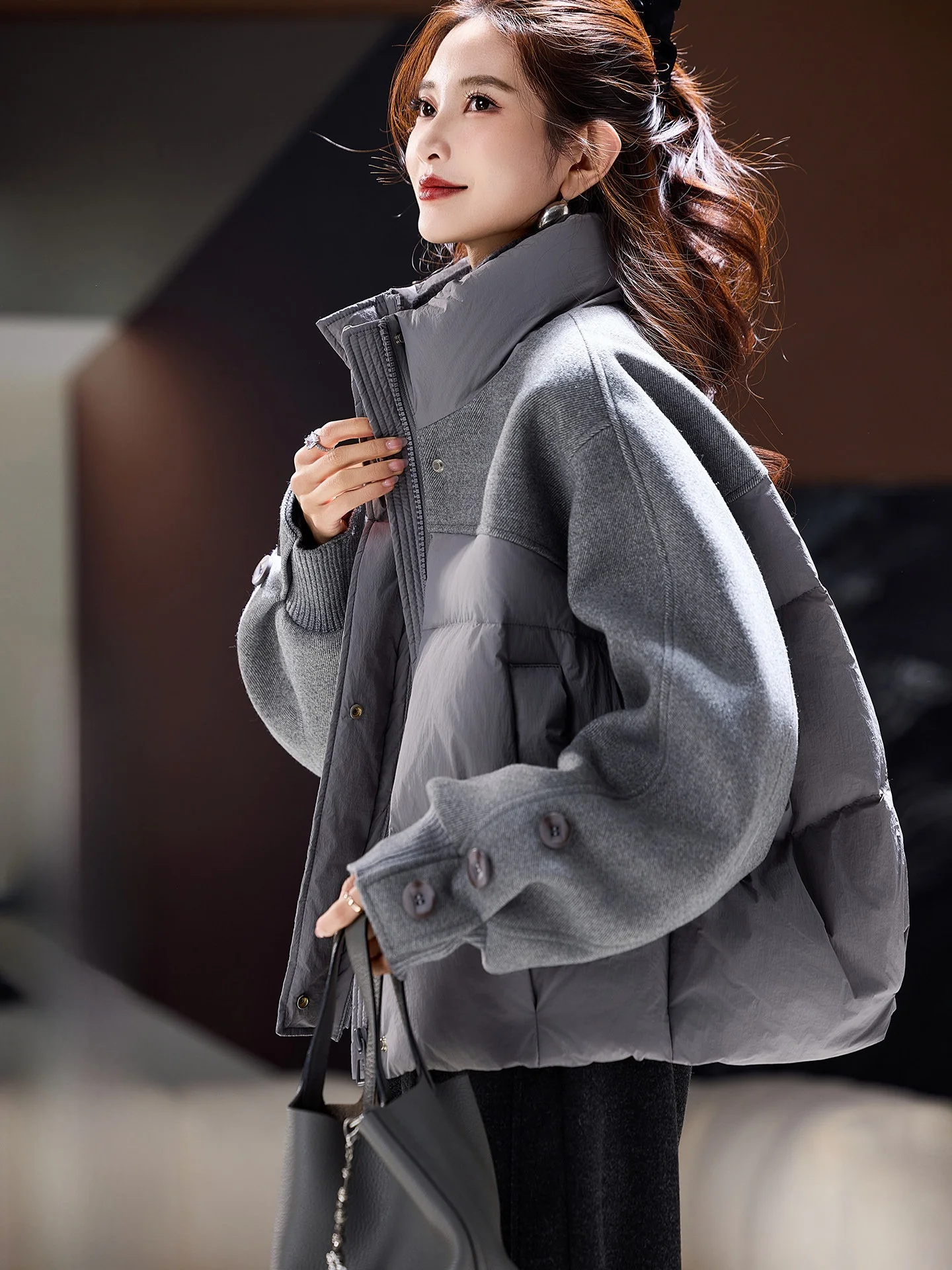 

Street Sle Women's down Jaet Stand Collar Patchwork White Du down Coat plus Size Casual Wear Warm Thiened Winter Oute...