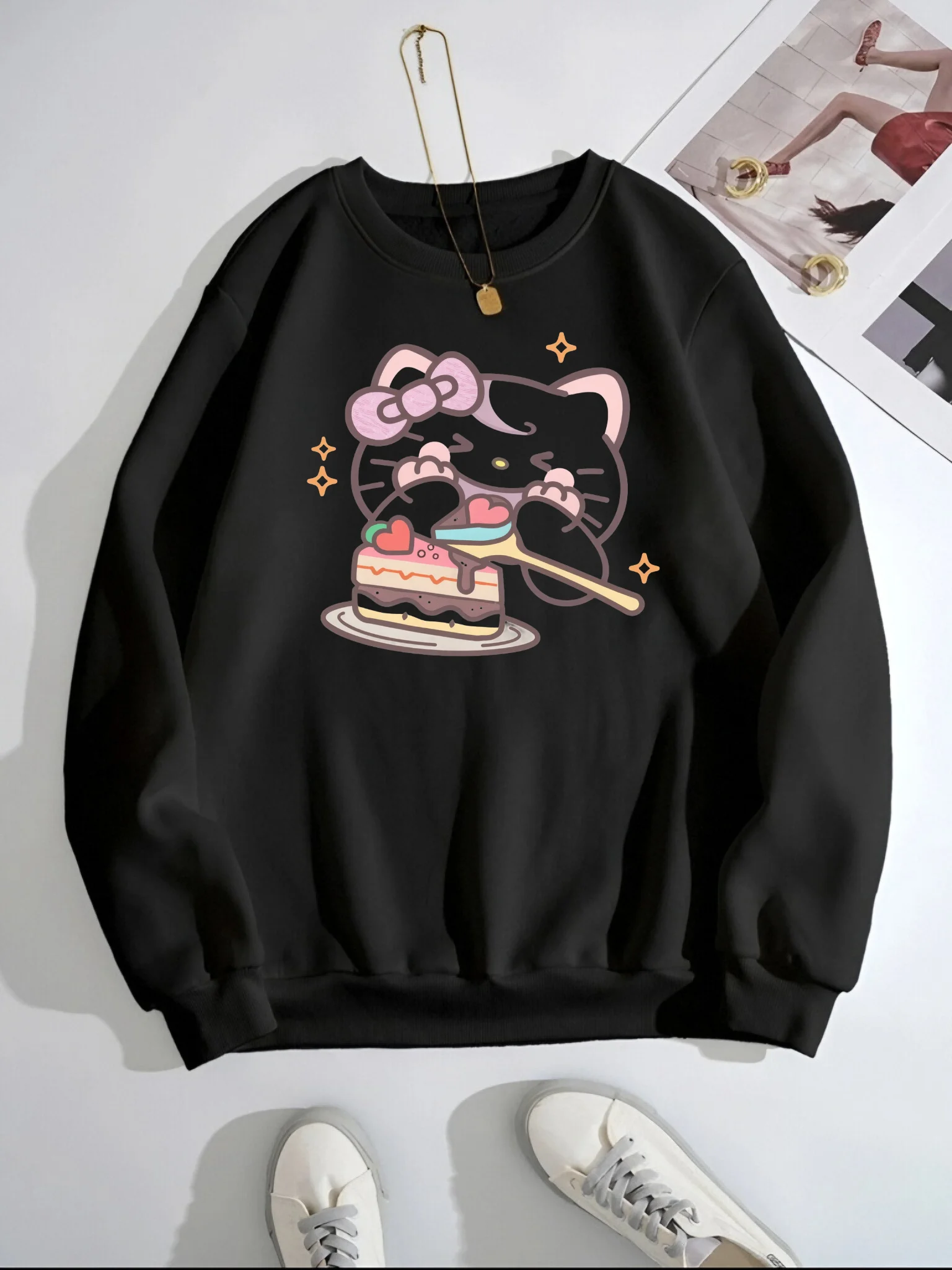 Mia Muse  Women's Sweatshirts Autumn Winter Fashion Lovely Cat and Cake Pattern Print Long Sleeve Round Neck Loose Hoodies