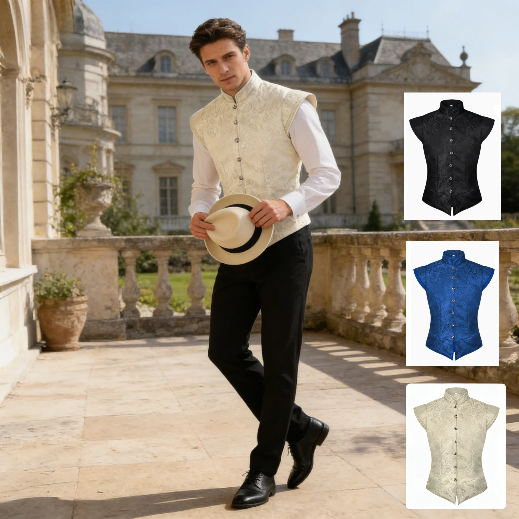

European American Halloween Men's Women Retro Medieval Palace Style Jacquard Short Waistcoat Cosplay Performance Costume