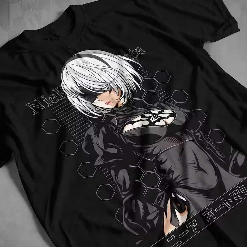 Camiseta Unissex de Algodão Macio com Estampa Kanji Japonês Hex Tech do Vestido Preto NieR Automata 2B, Coleção Verão 2026, para Fãs, Mulheres e Homen