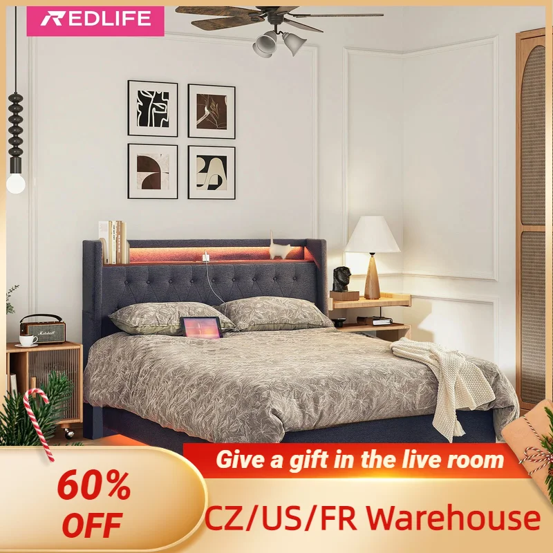 

Redlife Queen/Full Bed Frame w/ LED Lights Charging Station ，Upholstered Storage Headboard Platform Bed Frame No Box Spring Need