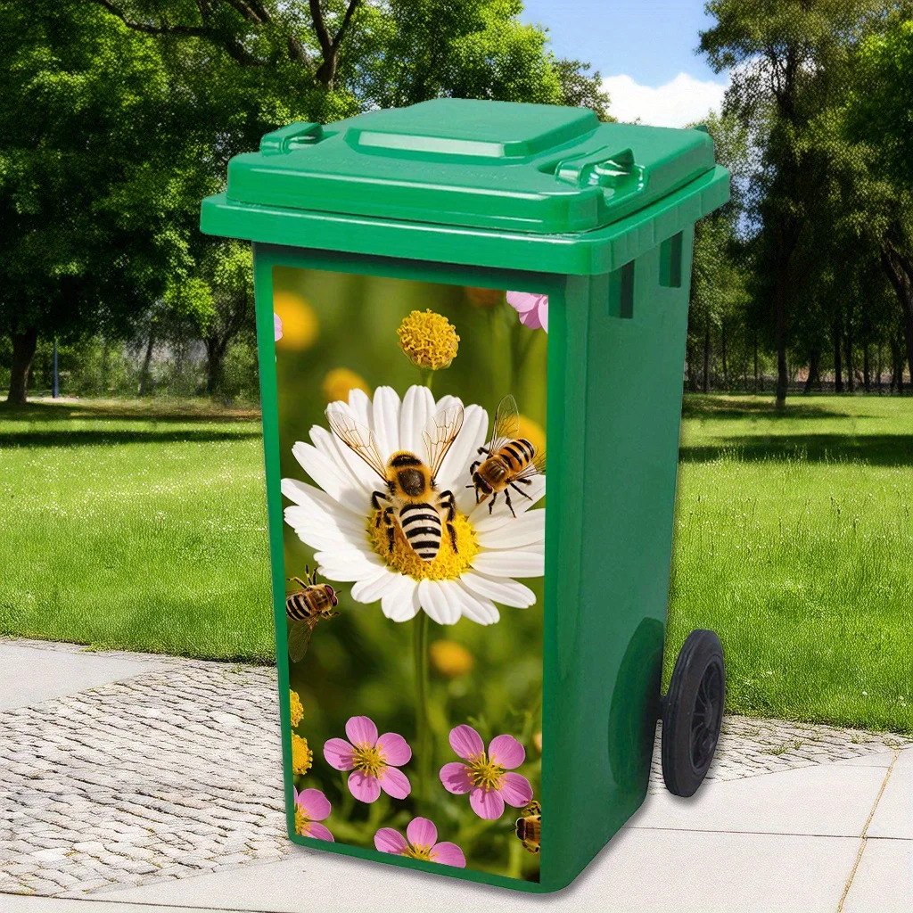 

1 piece 3D Bee and White Flower Trash Can Sticker - Realistic Landscape Decal with Self-Adhesive Vinyl PVC with Pink Flowers