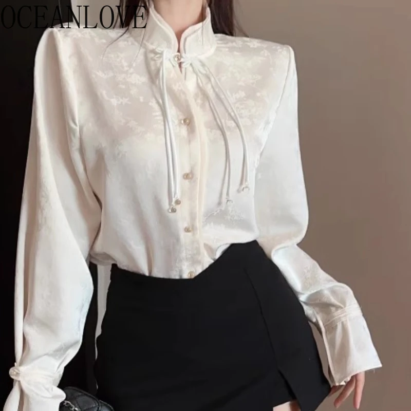 

OCEANLOVE Flare Sleeve Blouses Spring Autumn Vintage Chinese Style Elegant Women Shirts Fashion Sweet Loose Blusas Mujer