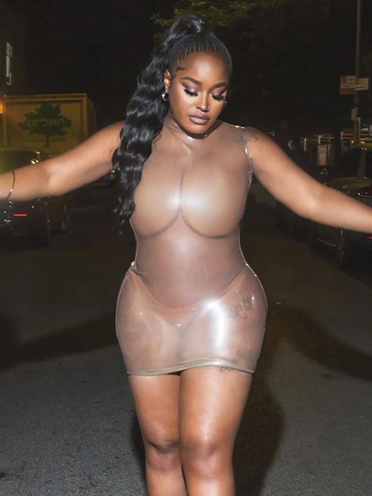 فستان نسائي غريب شفاف من خلال فستان صيفي مثير بدون أكمام لحفلات عيد الحب وحفلات أعياد الميلاد مكشكشة أنيقة ملابس نوادي ضيقة صغيرة