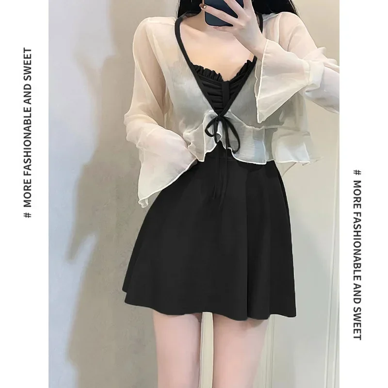 Traje de baño bonito y dulce con tirantes para mujer, 2 unidades/juego, ropa de playa Sexy de una pieza, traje de baño fino, traje de baño de cintura alta para niñas