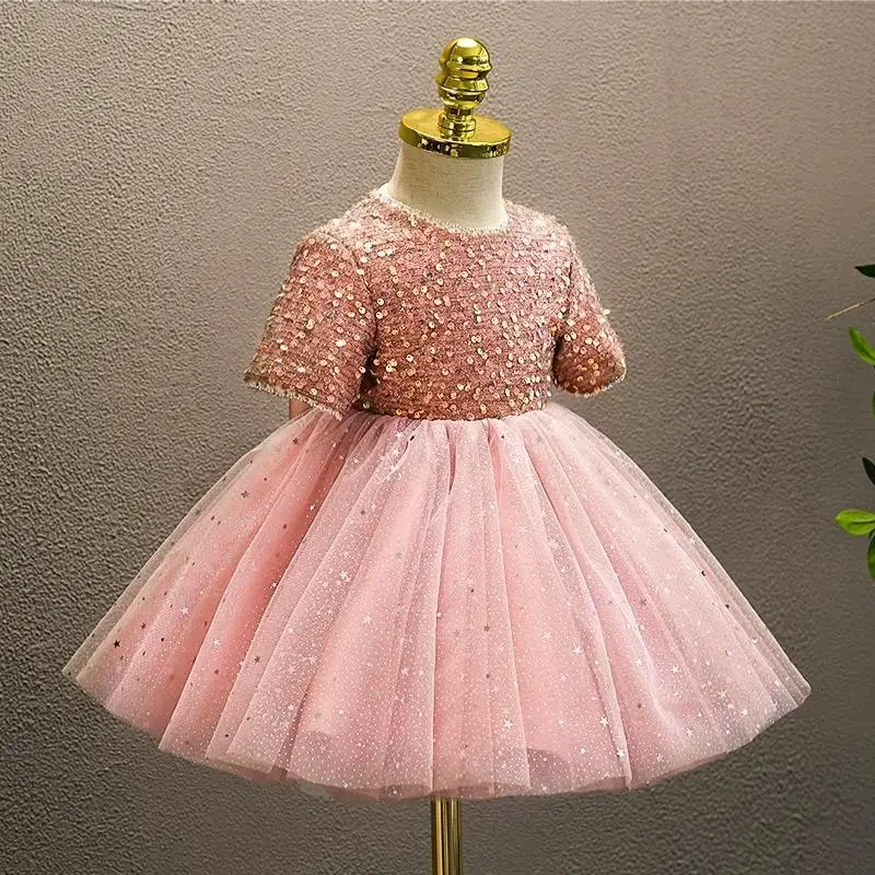 

Pink girl piano Little girl catwalk flower child wedding dress princess dress autumn and Children's birthday evening dress