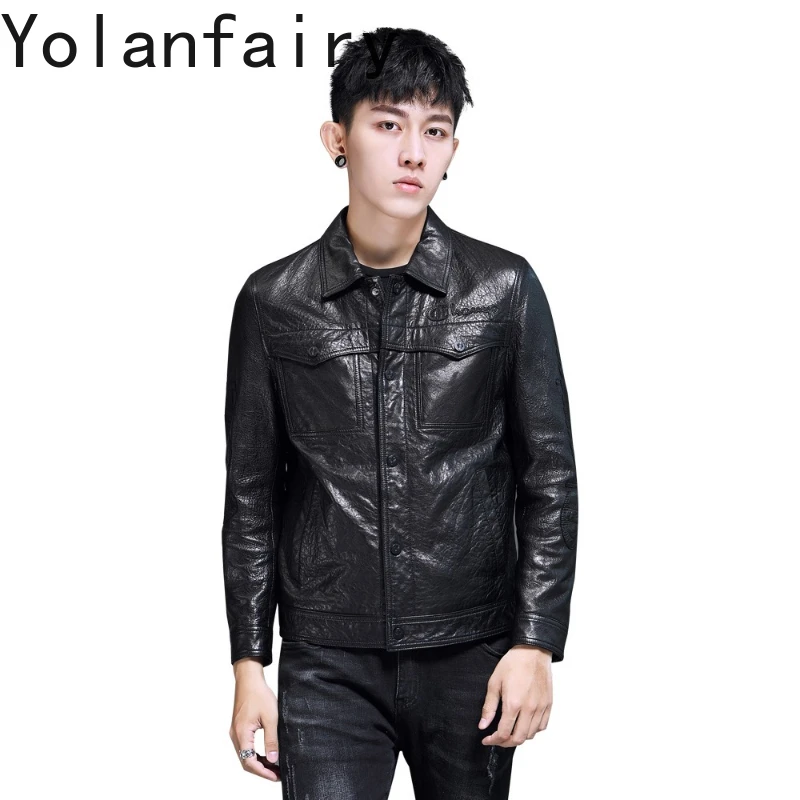 

YOLANFAIRY Genuine Sheepskin Leather Jacket Men High Quality Short Vintage Leather Coat Turn Down Collar Slim-fit Thin Jackets