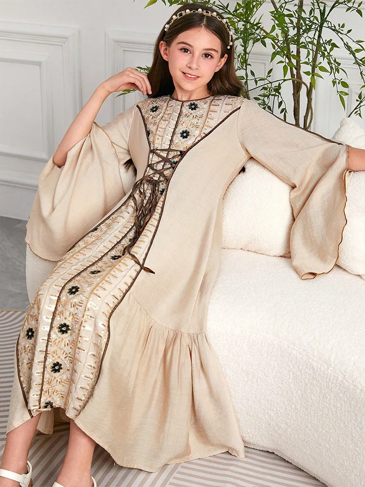 أزياء المغرب مسلم أطفال بنات التطريز فستان ماكسي رداء رمضان ملابس الأطفال الإسلامية العربية عباية تركيا حفلة دبي