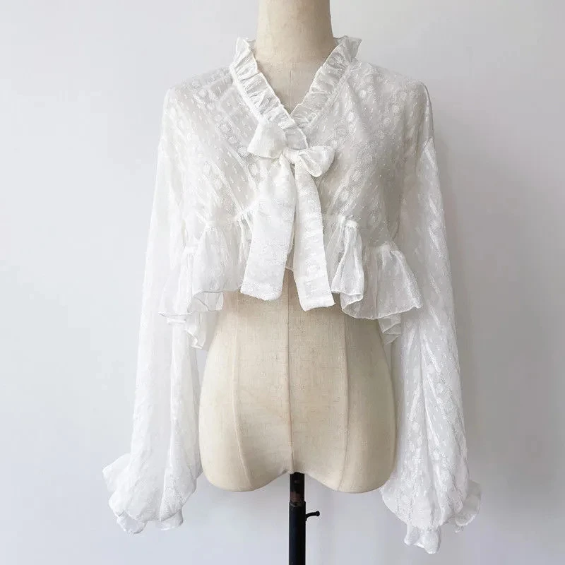 Sweet Lolita Chiffon Lantern Sleeve Cropped Cardigan Jackets Women Harajuku Kawaii See Through Thin Coats Chic Bow Jk Outerwear