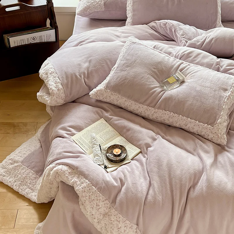 French Rose Carved Milk Fleece Four-piece Set Winter Thickened Warm Coral Fleece Quilt Cover Bed Sheet Pillowcase Bedding Set