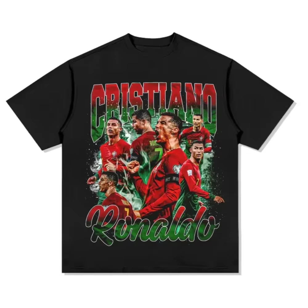 

2025 Summer Mbappe Real Madrid American Football Vintage Printing Loose Fashion Brand Cotton Heavy Short Sleeve T-Shirt