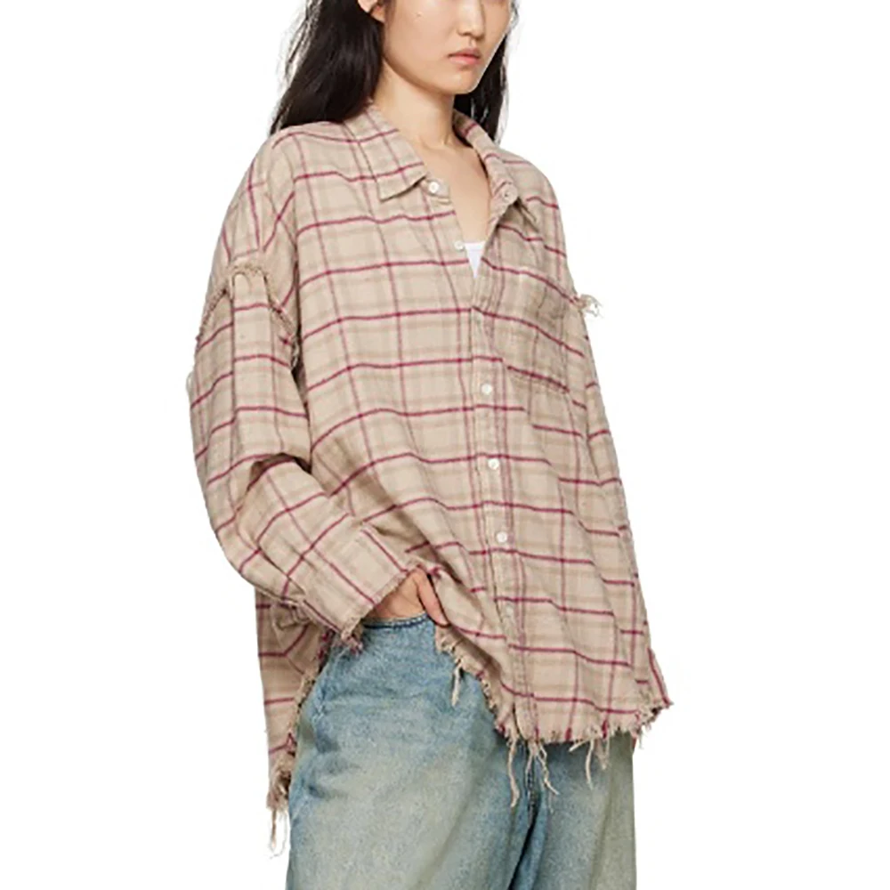 Women\'s Checkered Cotton Shirt, Long Sleeve Blouse, Top, Raw Edge, Vintage, Washed, Temperament, Commuter, Y2k, Fall, New, 2024