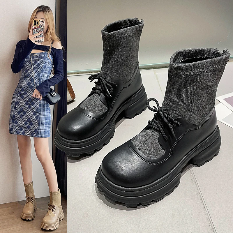 Waterproof Platform Thick Bottom Height Increasing Mid-calf Boots Women's Round Head Zip-up short Boots Autumn/winter