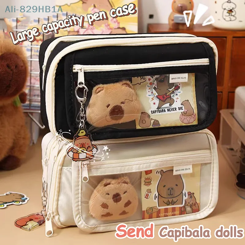 Large Capacity Pencil Bag Cute Capybara Stationery Holder Bag With Brooches Stickers Children Pen Case Animal Zipper Pouch